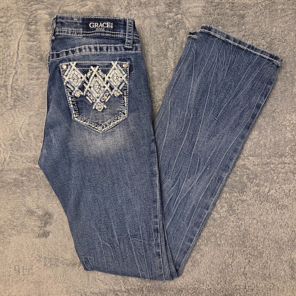 Grace Jeans Easy Fit Straight Leg Embellished Rhinestone Pocket